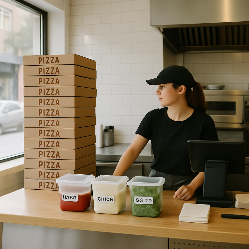 Professional pizza service counter with organized materials and preparation area