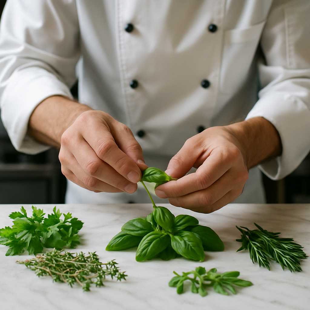 Chef's hands delicately preparing fresh basil and herbs on a marble surface