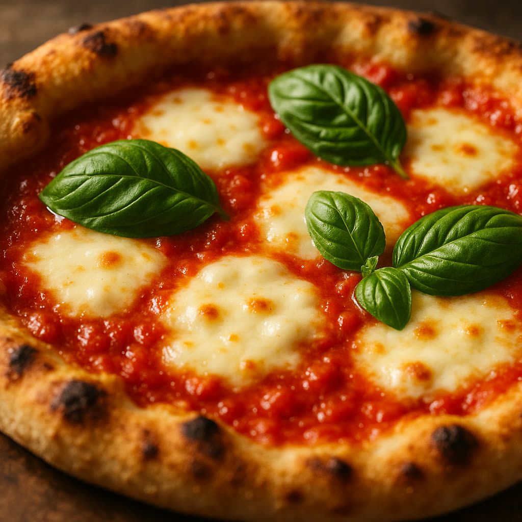 Close-up of a freshly baked Neapolitan pizza with melted mozzarella and fresh basil
