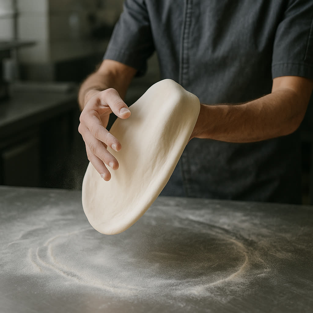 Artisan hands stretching and tossing fresh pizza dough in a professional kitchen