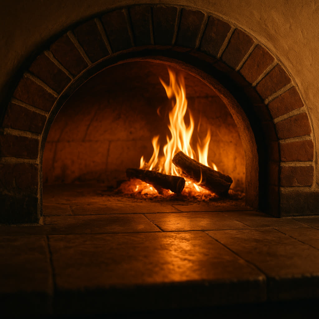 Interior of a wood-fired pizza oven with orange flames visible and radiant heat