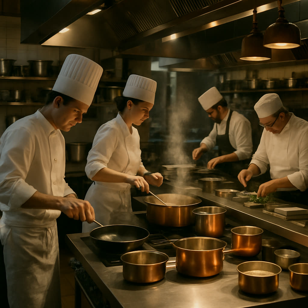 Professional kitchen with chef at work preparing food at the line