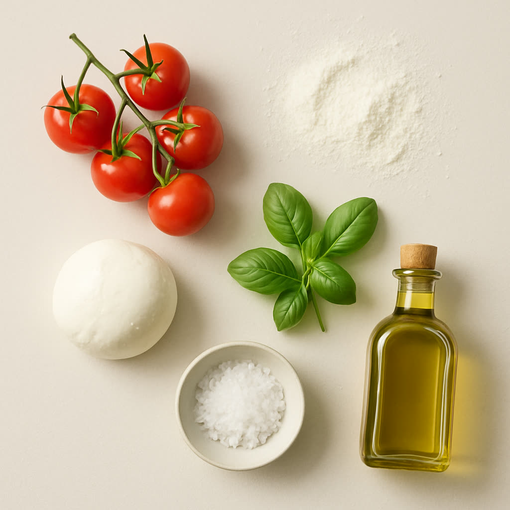 Fresh Italian ingredients arranged on a wooden surface including tomatoes, basil, and olive oil